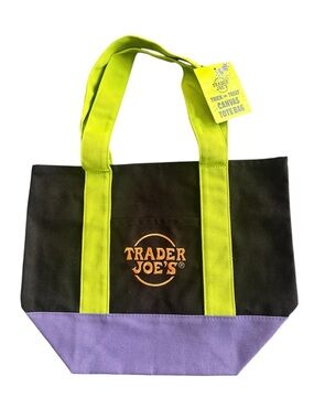 Trader Joe's Black Canvas Tote with Lime Handles and Lavender Base